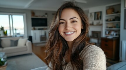 Obraz premium Smiling young woman enjoying her cozy home living space on a sunny day by the water viewed from a bright room