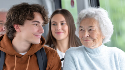 Obraz premium Courtesy on public transport: offering a seat with a smile and kindness