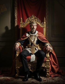 Caucasian male in regal attire sitting on ornate throne in historical setting