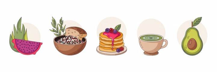 Colorful healthy breakfast food illustrations