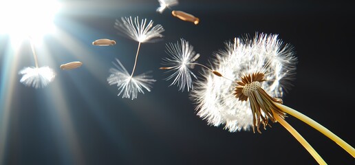 Obraz premium Dandelion seeds disperse, backlit sun