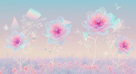 Dreamy pastel floral landscape with iridescent flowers, butterflies, and subtle geometric shapes over a soft field. Ethereal, modern, and whimsical design.