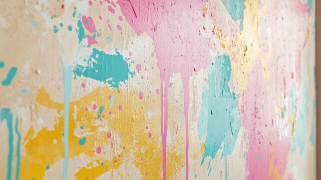 Colorful paint splatters and drips on a wall