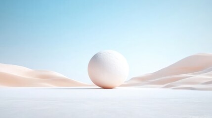 A minimalist composition featuring a single white sphere resting on gentle undulating light surfaces against a soft blue sky.