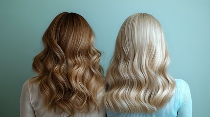 Fototapeta premium Two women showing trendy wavy hairstyles from behind, one with blonde and one with brown hair, against mint green wall, demonstrating modern hair coloring techniques.