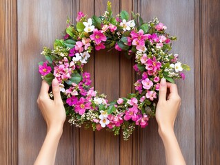 Beautiful spring flower wreath on wooden door