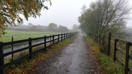 Misty rural pathway, bordered by a black fence.  Autumnal foliage and wet ground