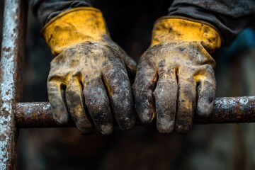 Dirty yellow work gloves resting on a rusty metal bar