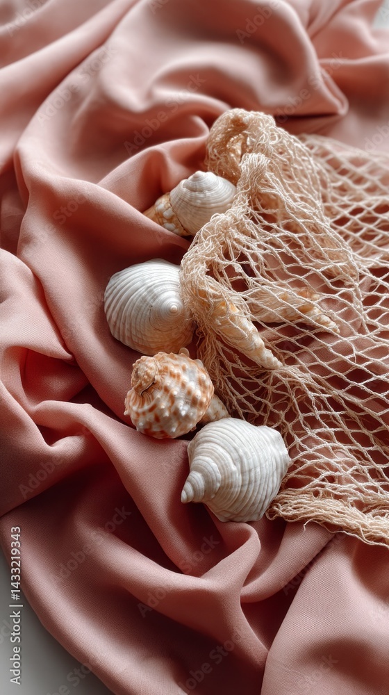 Aufkleber delicate seashells lie scattered on pale pink fabric, creating a serene arrangement that captures th