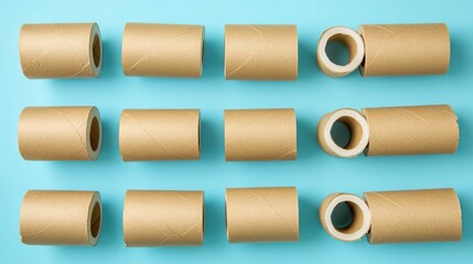 Toilet paper rolls softly arranged against a blue backdrop.
 