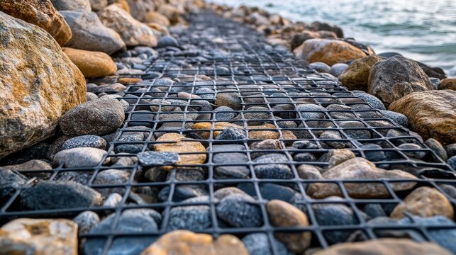 Shoreline revetment safeguards coast, with rocks behind wire mesh, preserving coastline from erosion challenges.
