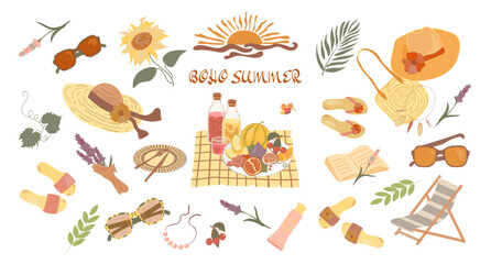 Boho Summer Picnic Set with fruits, drinks, straw hats, sunglasses, sandals, tropical leaves, flowers, and beach accessories. Perfect for relaxation, and vacation vibes. Vector image in flat style.