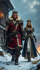 Fototapeta premium Medieval king and queen in winter setting with snow and fire
