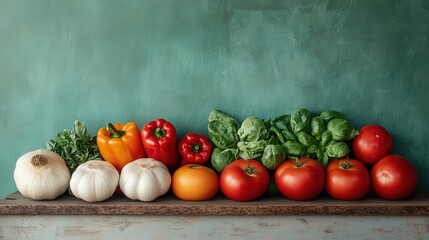 Fresh Organic Vegetables Displayed on Wooden Shelf Against Green Background for Healthy Eating Choices and Nutrition Concepts