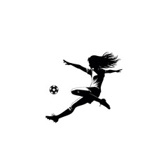 Silhouette of a female soccer player kicking a soccer ball in a dynamic and powerful action pose