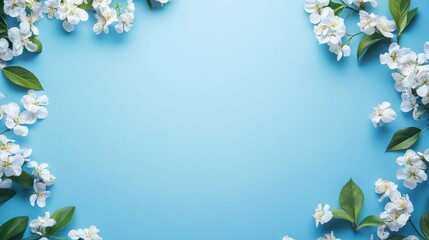 Flowers surround blue backdrop, delicate blossoms convey freshness, elegance, tranquility, minimalist aesthetic, and spring celebration.