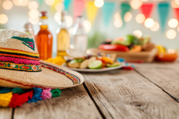 Fototapeta premium Mexican festive background with sombrero and tequila on wooden table