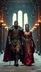 Naklejka premium Regal caucasian royal couple in medieval attire walking through snow-dusted grand hall