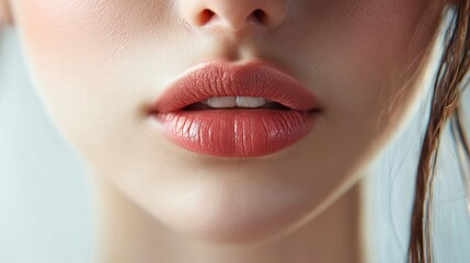 Obraz premium Close-up view of perfectly groomed lips adorned with soft coral lipstick, showcasing a fresh and appealing look in bright light
