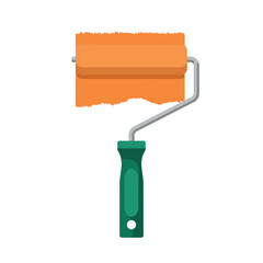 Paint roller with orange paint and green handle vector illustration tool for wall painting 