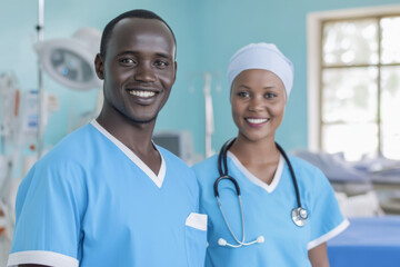 Healthcare professionals smiling in hospital setting, African American