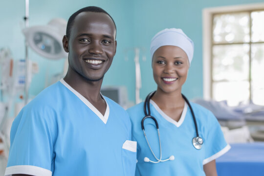 Healthcare professionals smiling in hospital setting, African American