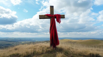Christian cross stands tall, red cloth draped over, symbolizing faith hope, amidst nature's backdrop.