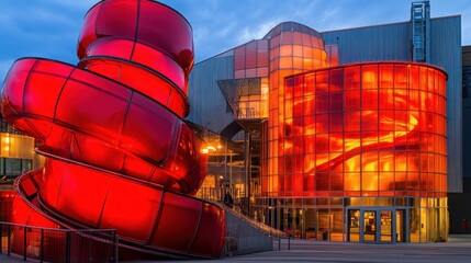 Obraz premium Red Spiral Sculpture at Modern Architecture Complex at Dusk