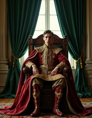 Obraz premium Young caucasian male in regal red garb sitting on ornate throne in luxurious room