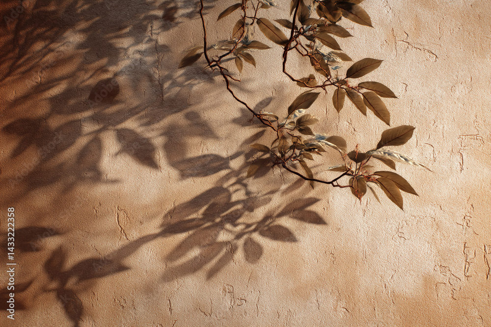 Poster Beige textured wall with branch and leaves casting shadows, creating a calm and natural aesthetic suitable for backgrounds or design projects