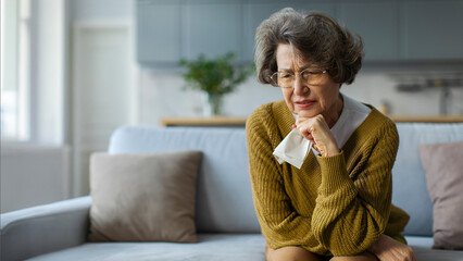 Fototapeta premium Thoughtful upset senior woman thinking of loneliness or grief, worried about problems, sitting on couch with napkin in hand, panorama with free space