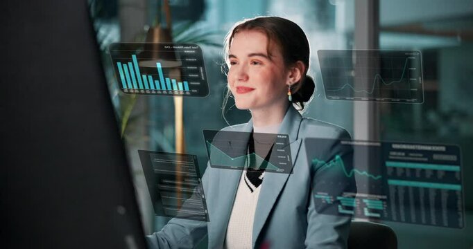 Woman, computer or hologram of dashboard for trading, data analysis or business future at night. Trader, tech or UI interaction in dark office for finance management, economy screen or cryptocurrency