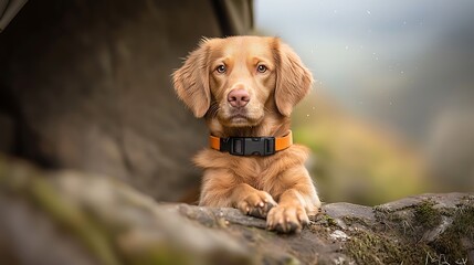 Playful golden dog posing on rocky outcrop in nature captivating portrait in soft light