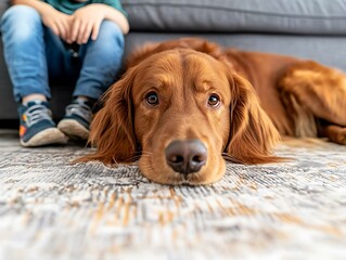 Playful golden retriever relaxing at home with child cozy living room pet photography warm atmosphere