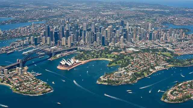 Aerial view of sydney, australia, featuring the opera house, harbour bridge, and cityscape along the blue harbor