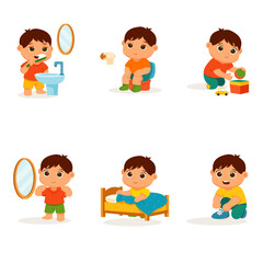 Daily Routine of an Independent Little Boy – Vector Set of Self-Care Activities