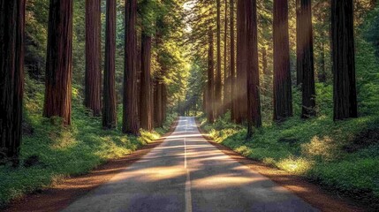 Obraz premium Scenic forest road surrounded by tall trees.