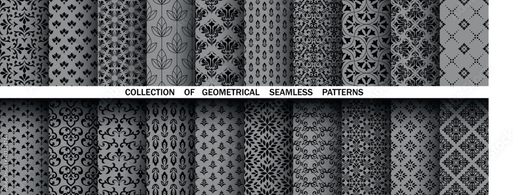 Poster geometric floral set of seamless patterns. gray and black vector backgrounds. damask graphic ornamen