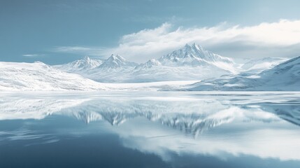Fototapeta premium Frozen Arctic Lake Mirroring Snowy Mountain Peaks