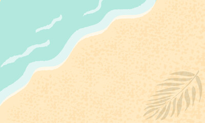 Minimalist beach background, top view, sand, sea breeze, palm branch. Perfect for eco blogs, guides, banners, postcards, business cards, summer lifestyle content. Vector illustration 