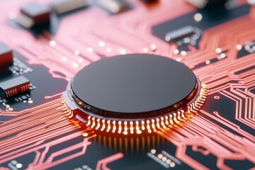 Close up view of a black circular microchip centrally located on a circuit board with copper colored pathways, illuminated with warm, glowing accents. High detail rendering.