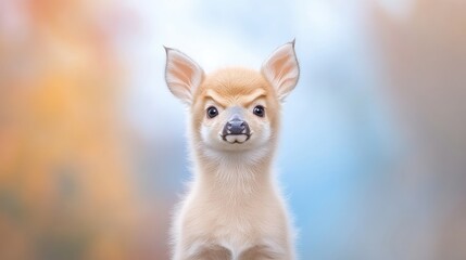 Obraz premium A young fawn with a serious expression looking directly at the camera, set against a soft, blurred background of autumn colors.