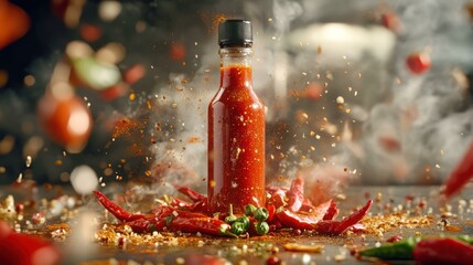 Hot sauce bottle amidst chili peppers, vibrant spice, and smoky flavor enhances appetizing visual.