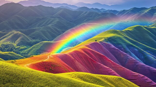 Vibrant rainbow stretching across rolling hills