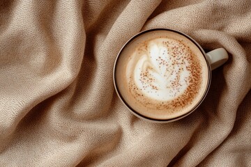 ceramic cup of latte or cappuccino seen from top on soft brown fabric, cozy beverage concept for cafe menu or warm drink promotion.