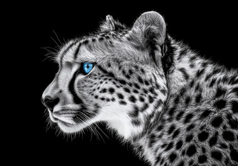 Obraz premium Majestic cheetah with striking blue eyes on dark background