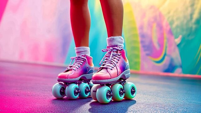 Youth roller skating, vibrant neon background, urban setting, fun activity