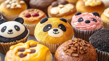 Assorted panda cupcakes, close-up