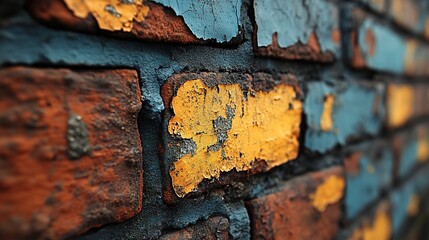 Peeling Paint on Aged Brick Wall Close-Up