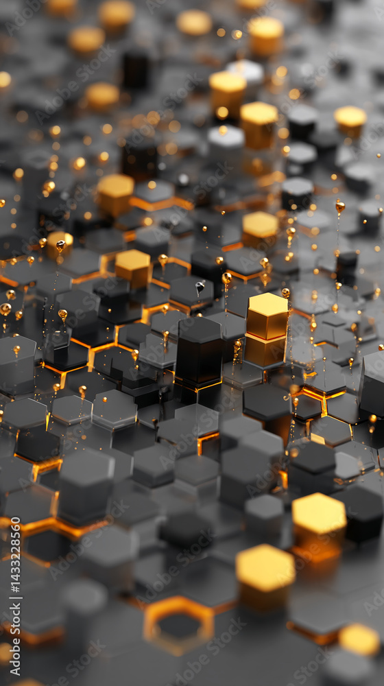 Aufkleber Abstract 3D rendering of black and gold hexagons, creating a dynamic and modern design, showcasing technological advancement and luxury